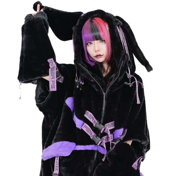 NEW PSYNXX - Cyberpunk Devil Ears Faux Fur Black Purple Oversized Jacket - Picture 2 of 4